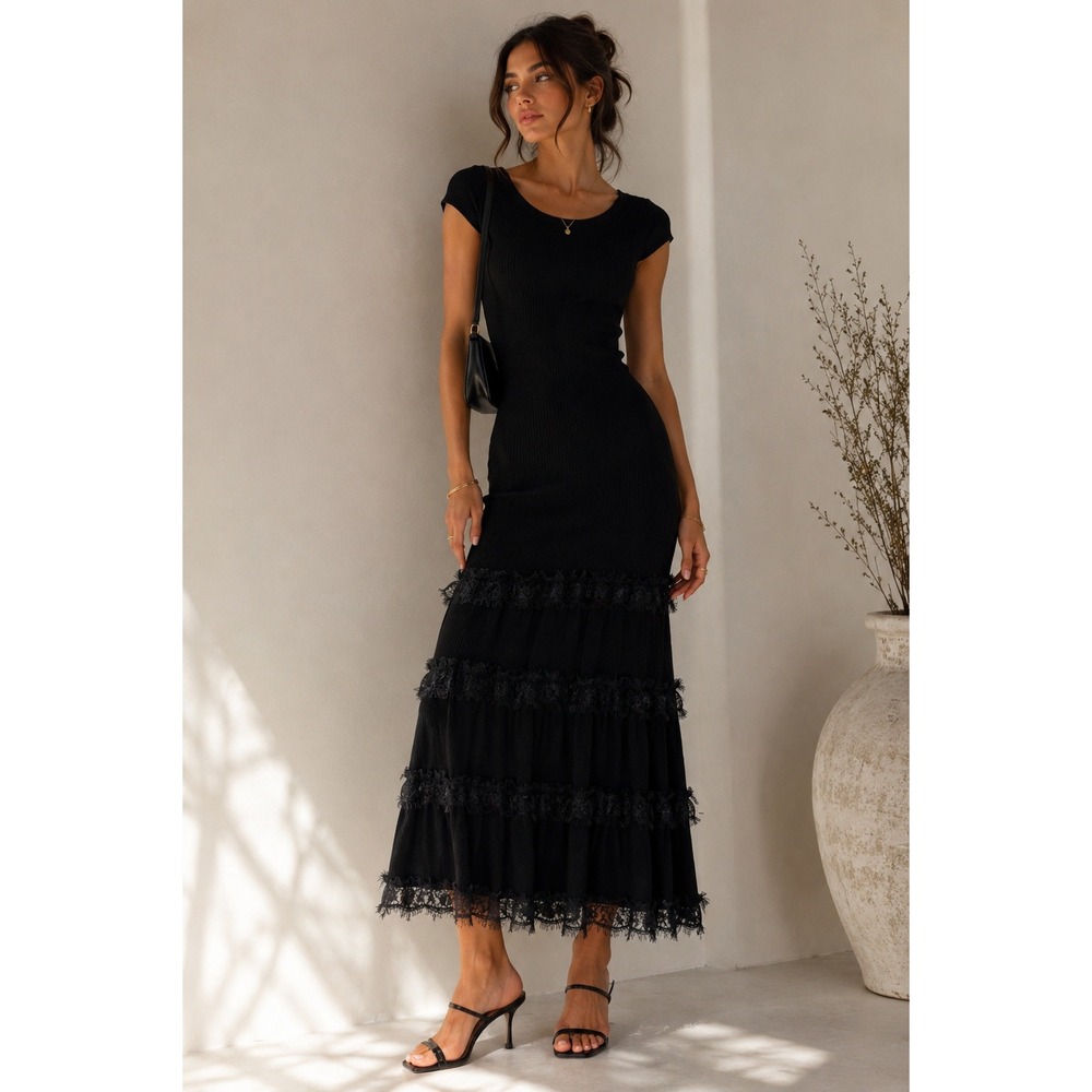 Victoria's Secret Black Rib Knit Lace Trim Midi Dress Balletcore XS